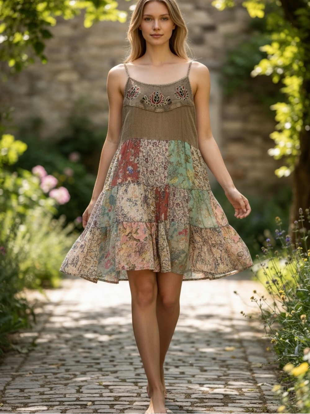 "The Heidi" Patchwork Embroidered Spaghetti Strap Dress